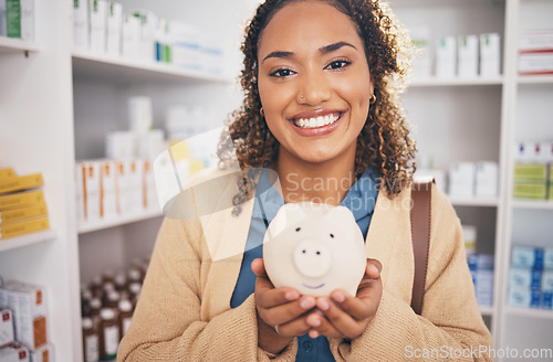 Image of Money, piggy bank and portrait of woman in pharmacy for pills, medication and medical care for wellness. Healthcare, insurance and happy female with financial savings, cash and payment for medicine
