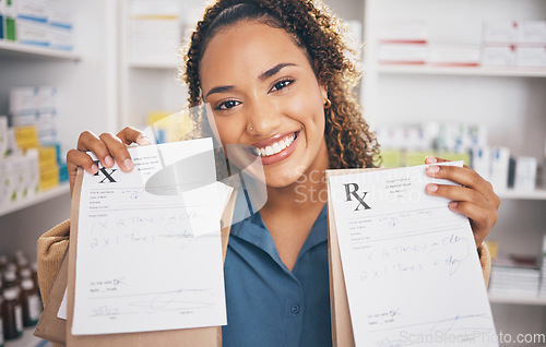 Image of Pharmacy, woman or happy customer portrait with bag or healthcare products or medicine in drugstore. Receipt, pharmaceutical note or person with pills package or shopping in medical chemist retail