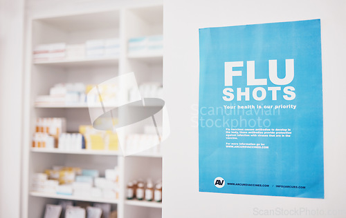 Image of Healthcare, pharmacy or flu shots poster to promote vaccines or medicine at a drugstore. Advertising banner, pharmaceuticals background or shelf with medical pills, supplements or retail medication