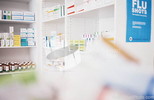 Image of Healthcare, pharmacy or shelf with medicine pills or supplements products at drugstore clinic. Pharmaceuticals background, blurry or boxes of medical products, supplements stock or retail medication