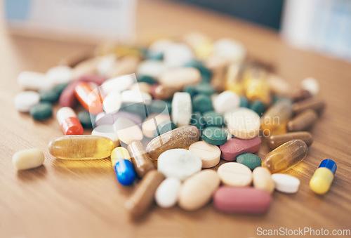 Image of Healthcare, tablets or table with medicine pills or supplements products at drugstore clinic. Pharmaceuticals background, blurry or medical vitamins, depression anxiety drugs or stress medication