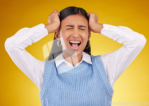 Image of Frustrated, headache and woman with stress, depression and anxiety against studio background. Female, shouting and person with mental health issues, problems and screaming with a migraine and trauma