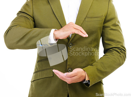 Image of Presentation hands, product placement and business man with mockup copy space, studio promotion or advertising deal. Mock up gesture, brand closeup and sales professional isolated on white background