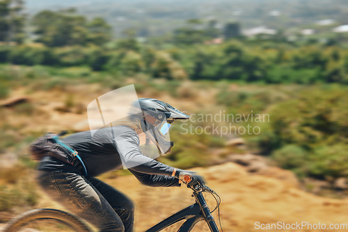 Image of Mountain bike, man and race for speed, dirt or nature in summer for mock up, extreme sport or motion blur. Bicycle, cycling male and challenge for fast workout, training or fitness mockup in sunshine