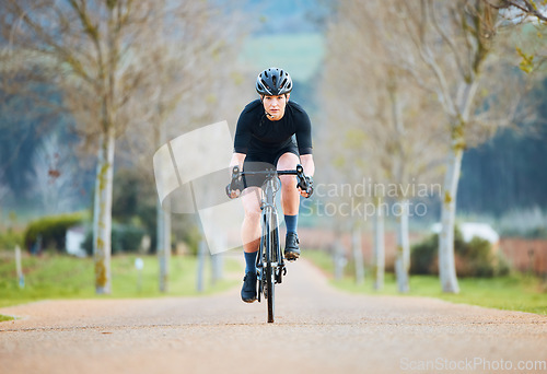 Image of Cycling, fitness and travel with woman in park path for training, workout and health. Exercise, race and freedom with female cyclist riding on bike in nature for adventure, journey and transport