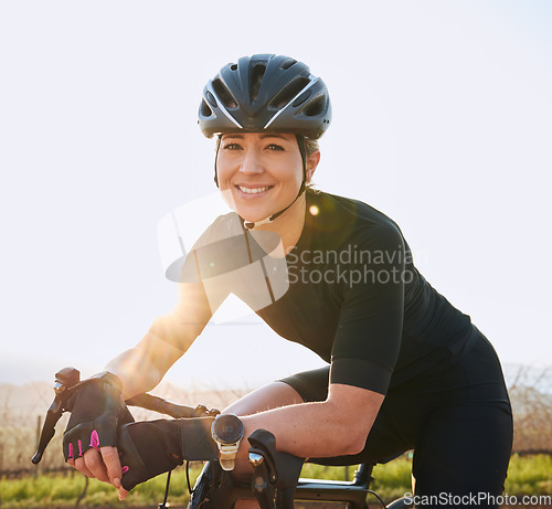 Image of Rest, cycling and fitness with portrait of woman in nature for training, workout and sports cardio. Health, relax and thinking with female cyclist riding on bike for exercise, endurance and challenge