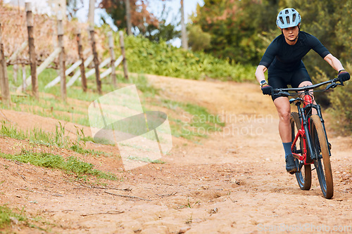 Image of Bicycle, ride outdoor and woman on a bike with cycling for sports race on a road with mockup. Fitness, exercise and fast athlete doing sport training in nature on a park trail for cardio and workout