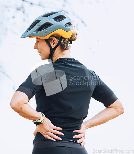 Image of Bicycle, athlete and woman outdoor with rest and relaxing after exercise, fitness and cycling. Race training, wellness and female cyclist with sports and bike workout in nature ready for challenge