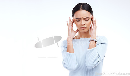 Image of Sick, woman and pain of headache in white background, isolated studio and mockup. Stress, migraine and female model with anxiety of brain fog, frustrated problem or depression of mental health crisis