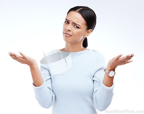 Image of Portrait of confused woman shrug in studio, isolated white background and questioning choice, emoji and reaction. Female model, confusion and dont know why in doubt, uncertainty and body language