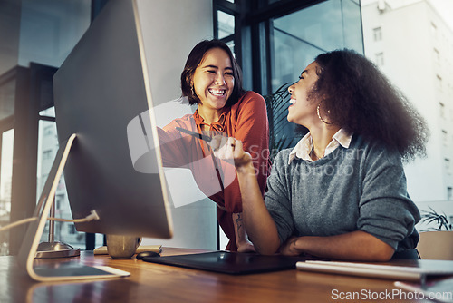 Image of Collaboration, computer and business women in the office while working on a corporate project together. Teamwork, technology and professional female employees planning a company report in workplace.