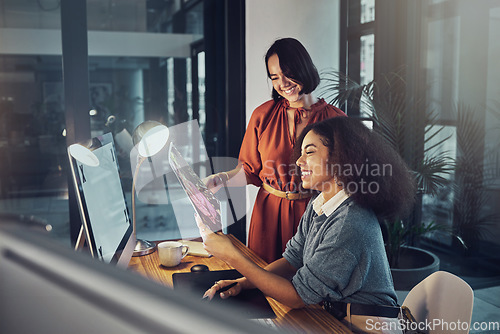 Image of Teamwork, partnership and female team in the office while working overtime on a corporate project together. Collaboration, night and professional women employees planning business report in workplace