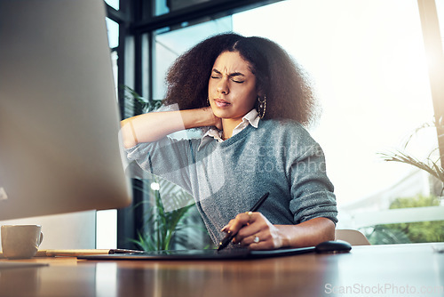 Image of Neck pain problem, office or business woman with anatomy injury, medical emergency or muscle strain accident. Burnout, crisis and corporate person, graphic designer or tired agent with stress tension