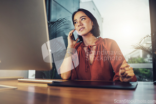 Image of Phone call, business and focus with woman in office for networking, communication and negotiation. Contact, technology and connection with female talking for feedback, information and conversation