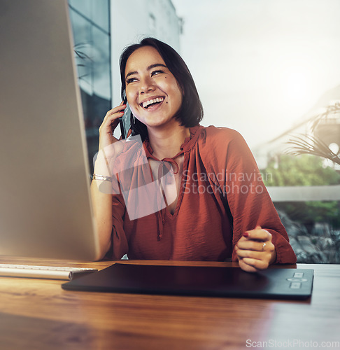 Image of Phone call, business and funny with woman in office for networking, communication and negotiation. Contact, technology and connection with female laughing for feedback, information and conversation