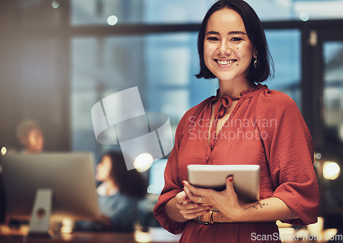 Image of Business, tablet and portrait of woman in office for technology, corporate and communication. Social media, connection and internet with female and search online for networking, email and website