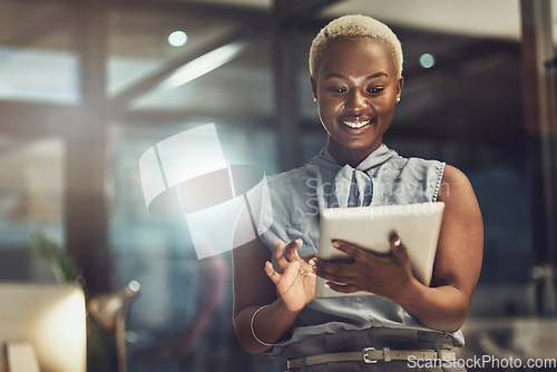 Image of Smile, tablet and search with black woman in office for technology, corporate and communication. Social media, connection and internet with female and online for networking, email and website