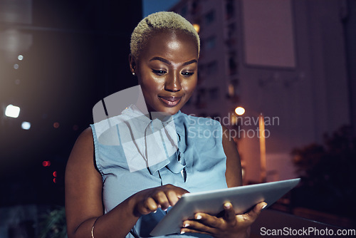Image of Business, tablet and night with black woman in city for technology, corporate and communication. Social media, connection and internet with female and search online for networking, email and website