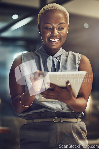 Image of Business, tablet and smile with black woman in office for technology, corporate or communication. Social media, connection and internet with female and search online for networking, email and website