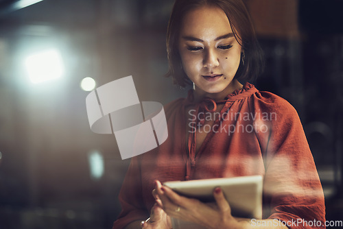 Image of Business, tablet and focus with woman in office for technology, corporate and communication. Social media, connection and internet with female and search online for networking, email and website