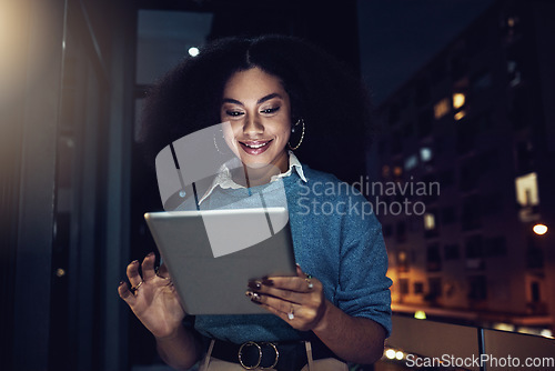Image of Happy, tablet and night with woman in city for technology, corporate and communication. Social media, connection and internet with business female and search online for networking, email and website