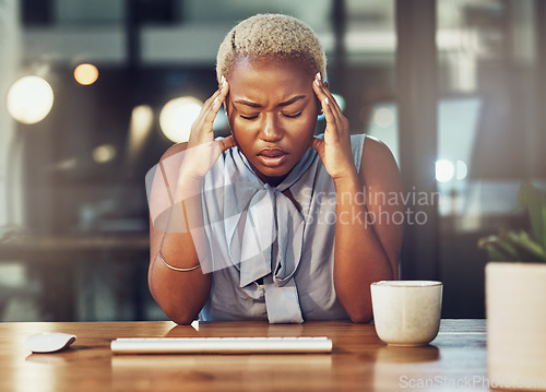 Image of Mental health, stress headache and black woman with burnout from overtime office work. Night fatigue, migraine and frustrated business person, sad consultant or agent with depression, pain or problem