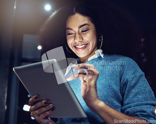 Image of Business, smile and night with woman and tablet for technology, corporate and communication. Social media, connection and internet with female and search online for networking, email and website