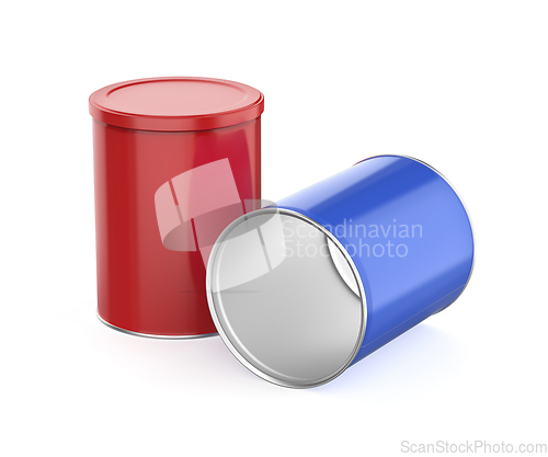 Image of Red and blue metal cans

