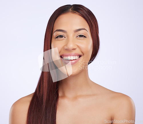 Image of Hair care, beauty and portrait of woman with smile, straight hairstyle and luxury salon treatment on white background. Haircare, haircut and happiness, happy face of Brazilian model in studio mockup.