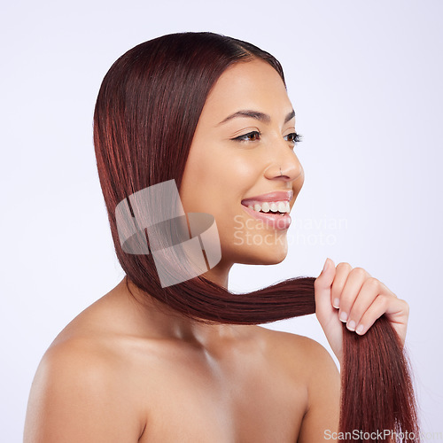 Image of Hair care, beauty and girl with smile, straight hairstyle and luxury salon treatment isolated on white background. Haircare, haircut and happiness, Brazilian woman with happy face in studio mockup.