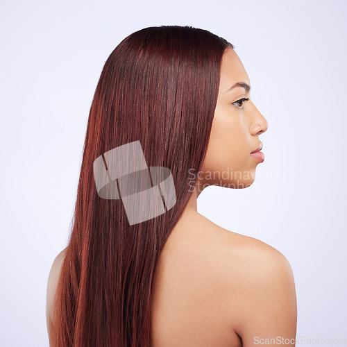 Image of Hair care, beauty and profile of girl with healthy hairstyle, luxury salon treatment and color isolated on white background. Haircare, haircut and mockup, Brazilian model with face in studio backdrop