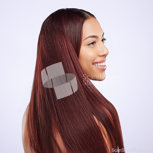 Image of Hair care, beauty and profile of happy woman with healthy hairstyle, luxury salon treatment and color on white background. Haircare, haircut and Brazilian model with smile on face in studio backdrop.