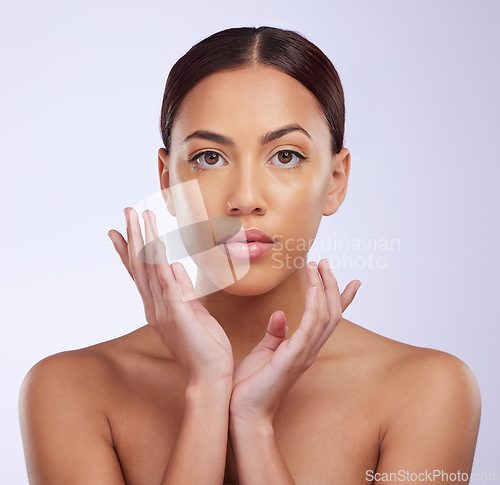 Image of Beauty, natural and portrait of woman in studio for skincare, cosmetics and dermatology mockup. Makeup, spa and glow with female model isolated on white background for self care, facial and treatment