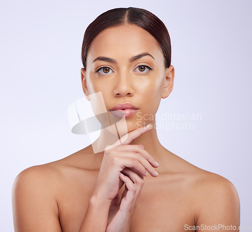 Image of Beauty, glow and portrait of woman in studio for natural, cosmetics and dermatology mockup. Makeup, spa and skincare with female model isolated on white background for self care, facial and treatment