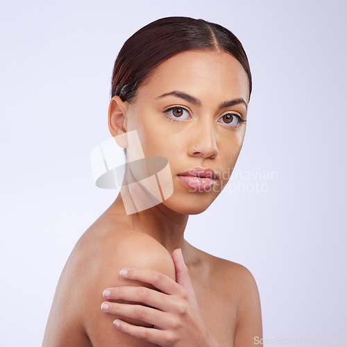 Image of Beauty, clean and portrait of woman in studio for natural, cosmetics and dermatology mockup. Makeup, spa and glow with female model isolated on white background for self care, facial and treatment