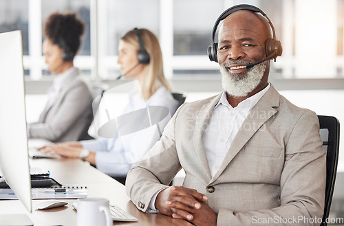 Image of Businessman, call center and portrait smile with headphones for customer service, support or telemarketing at office. Happy senior black man consultant or agent working with headset for online advice