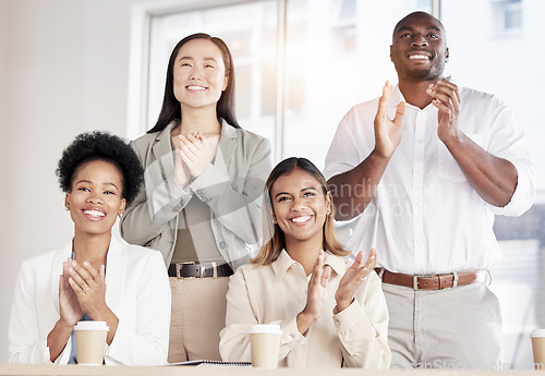 Image of Business people, startup office and applause for celebration, award and together with diversity in team. Black man, women and teamwork with success, event and crowd with goals, mission or achievement