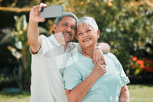 Image of Happy, smiling and a senior couple with a selfie for a memory, social media or profile picture. Smile, affection and an elderly man taking a photo with a woman for memories, retirement or happiness