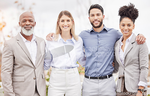 Image of Business team, portrait and outdoor with diversity for collaboration and corporate success. professional men and women group in a happy huddle for teamwork, support and goals or motivation in a city