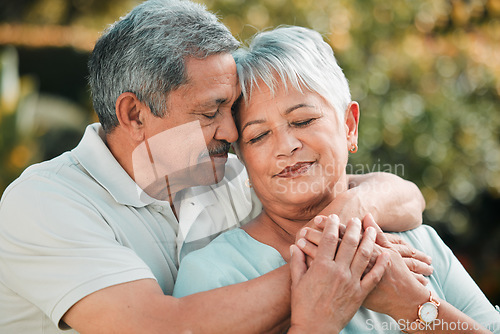 Image of Senior couple, relax and hug in park, garden and nature for love, care and peace of calm relationship. Man, woman and retirement of partner, support and marriage for romance, quality time and outdoor