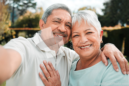 Image of Happy senior couple, selfie and portrait in park, garden and nature of love, care and happiness. Man, woman and taking photograph with life partner, relax and support of retirement, marriage or smile