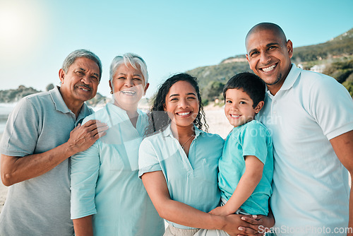 Image of Family, happy and portrait outdoor with a child, parents and grandparents with a smile, love and care. Men, women and boy kid on vacation or holiday in summer for quality time and travel adventure