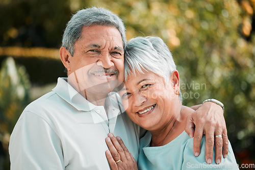 Image of Senior couple, portrait and hug in park, garden and nature for love, care and happiness in summer. Happy man, elderly woman and retirement of marriage partner, relax and smile of quality time outdoor