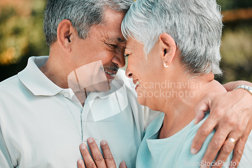 Image of Happy senior couple, face touch and love in park, garden and outdoor with hug, care and happiness together. Elderly man, woman and retirement of marriage partner, relax and support of quality time