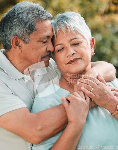 Image of Couple, retirement and hug in park, relax and love for care, peace and calm relationship in nature. Man, woman and senior life partner for support in marriage, romance and happy quality time together