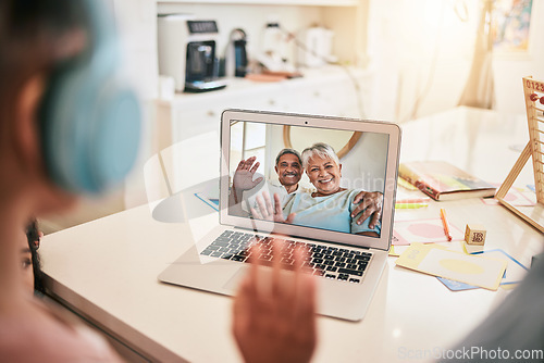 Image of Video call, laptop screen and family wave hello for virtual communication of grandparents, mother and child at home. International, online discussion and happy, senior biracial people talking