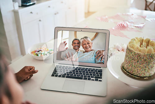 Image of Video call, laptop and family with birthday cake, wave hello and virtual celebration, party and happy child talk at home. Biracial grandparents or people celebrate on computer screen for online chat