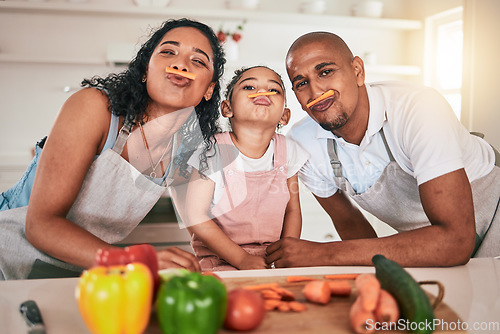 Image of Food, vegetables and portrait of girl with parents together for learning, child development and bonding in kitchen. Family, cooking and playful mom, dad and funny kid prep for meal, lunch or dinner