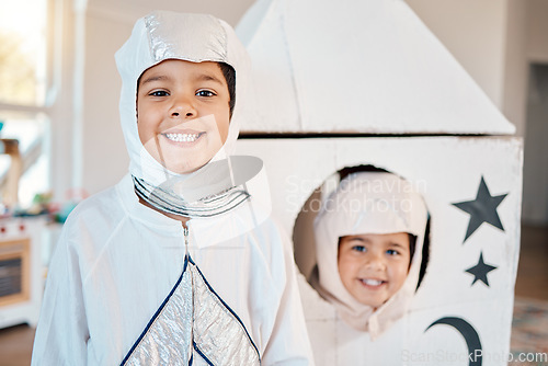 Image of Astronaut portrait, spaceship and kids happy, creative and playing space travel, home fantasy games or pretend rocket. Explore flight, fun Halloween costume or young children imagine galaxy adventure