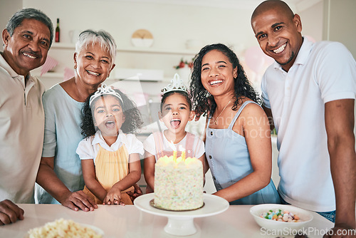 Image of Happy people at birthday party, family smile in portrait and celebration with cake with generations at home. Celebrate, together with dessert and grandparents with parents and excited children